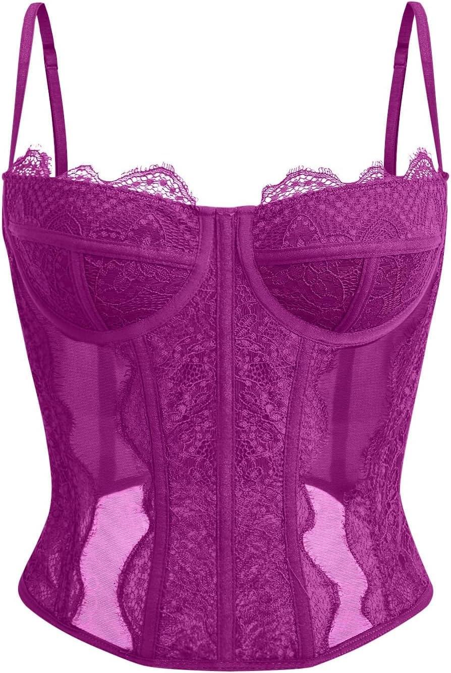 Women's lace corset top with mesh bustier crop tank design for party and casual fashion