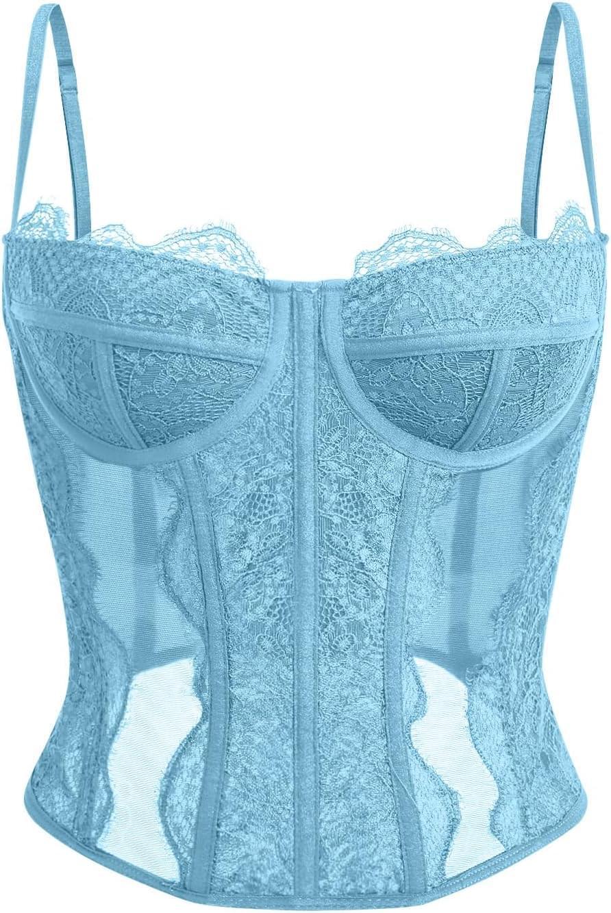 Women's lace corset top with mesh bustier crop tank design for party and casual fashion