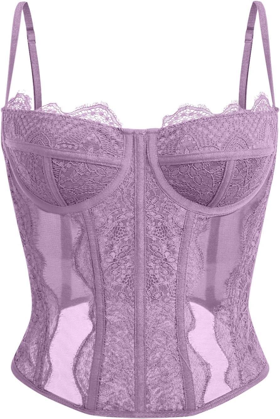 Women's lace corset top with mesh bustier crop tank design for party and casual fashion