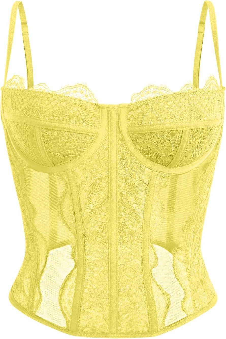 Women's lace corset top with mesh bustier crop tank design for party and casual fashion