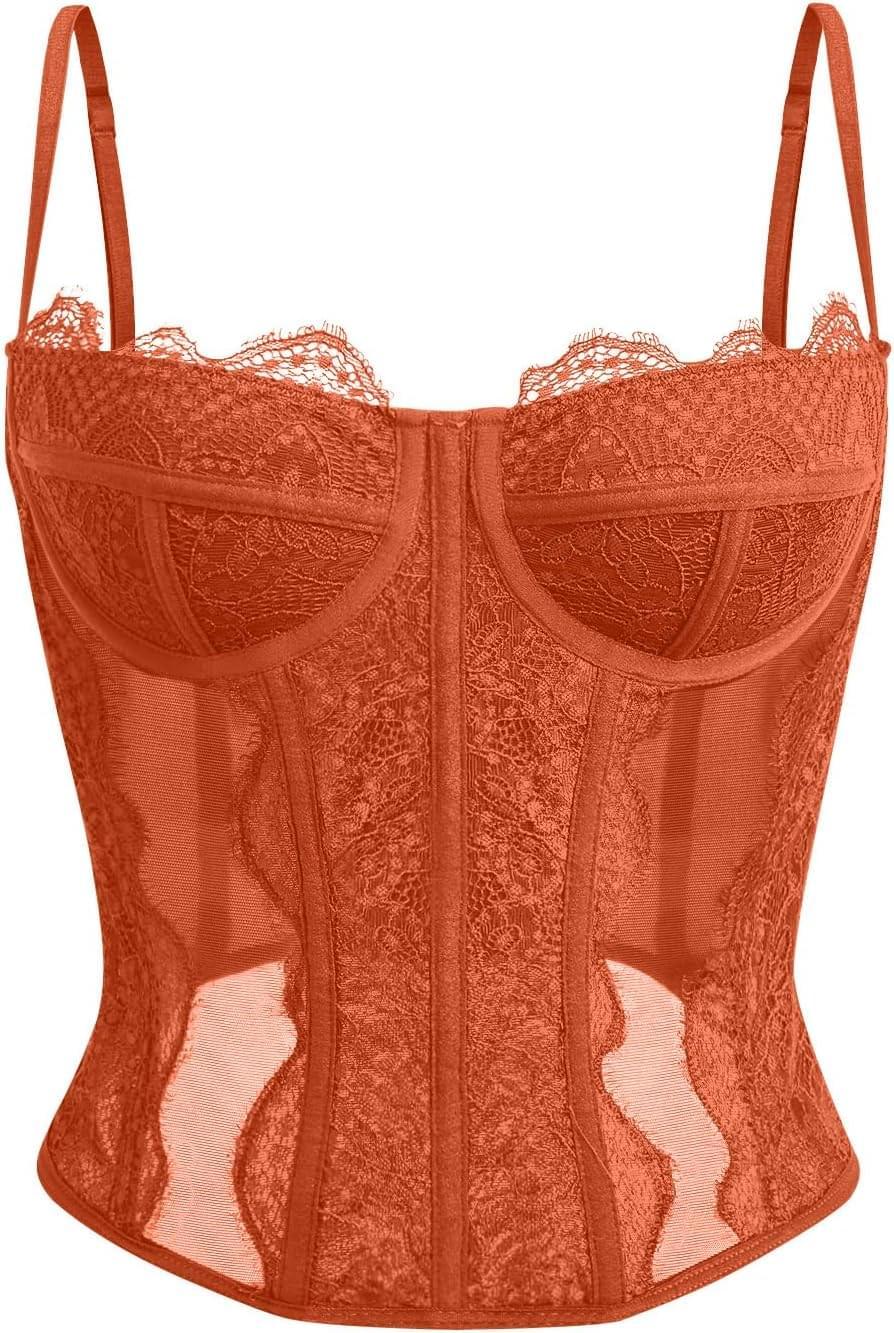 Women's lace corset top with mesh bustier crop tank design for party and casual fashion