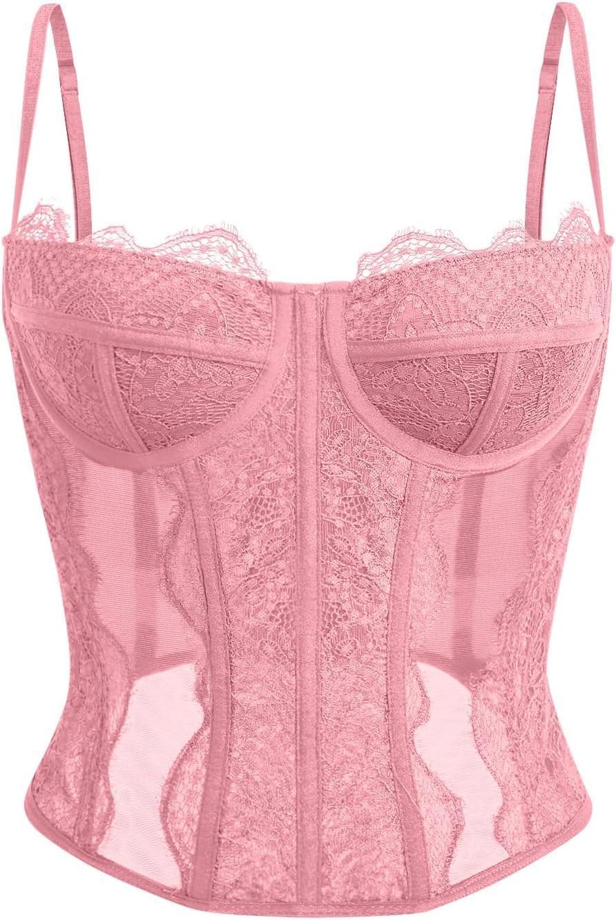 Women's lace corset top with mesh bustier crop tank design for party and casual fashion