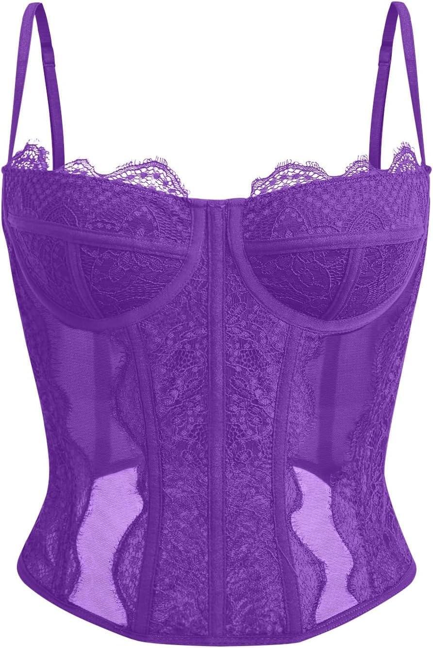Women's lace corset top with mesh bustier crop tank design for party and casual fashion