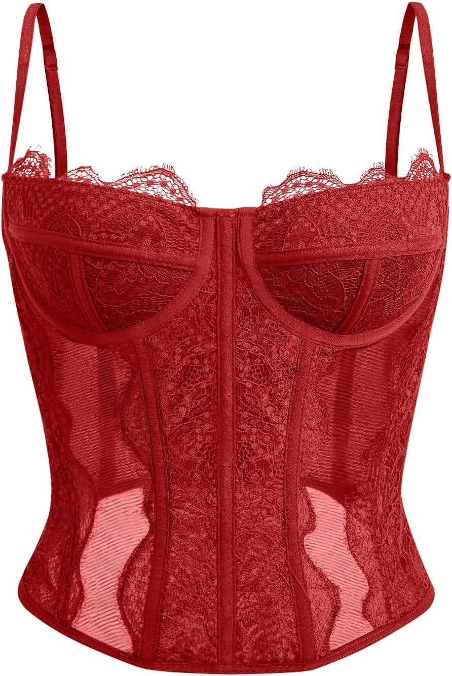 Women's lace corset top with mesh bustier crop tank design for party and casual fashion