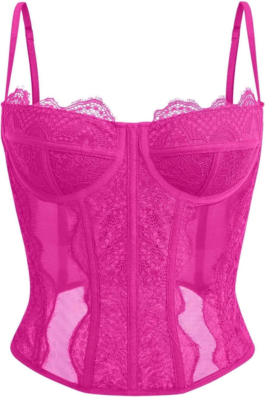 Women's lace corset top with mesh bustier crop tank design for party and casual fashion