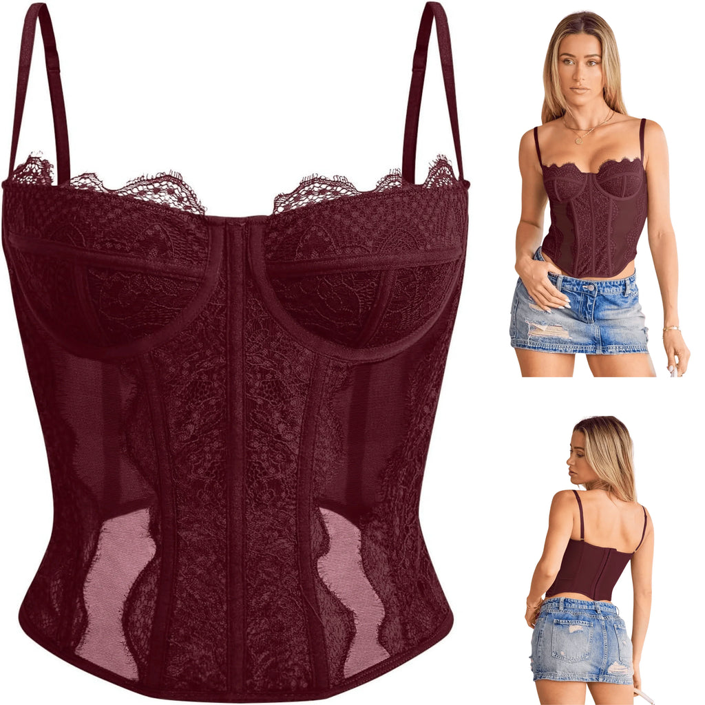 Women's lace corset top with mesh bustier crop tank design for party and casual fashion