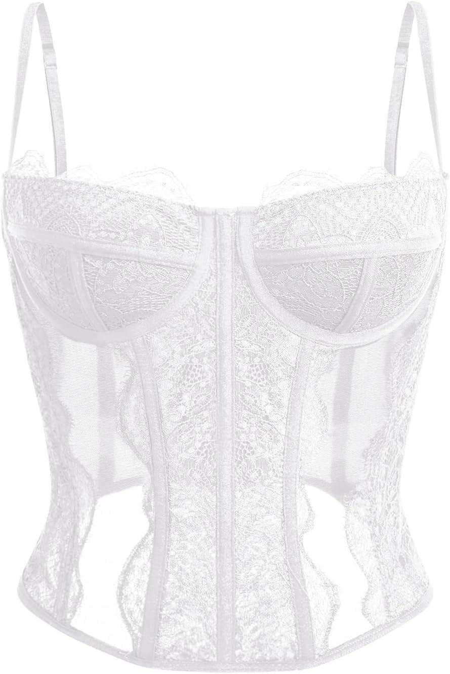 Women's lace corset top with mesh bustier crop tank design for party and casual fashion