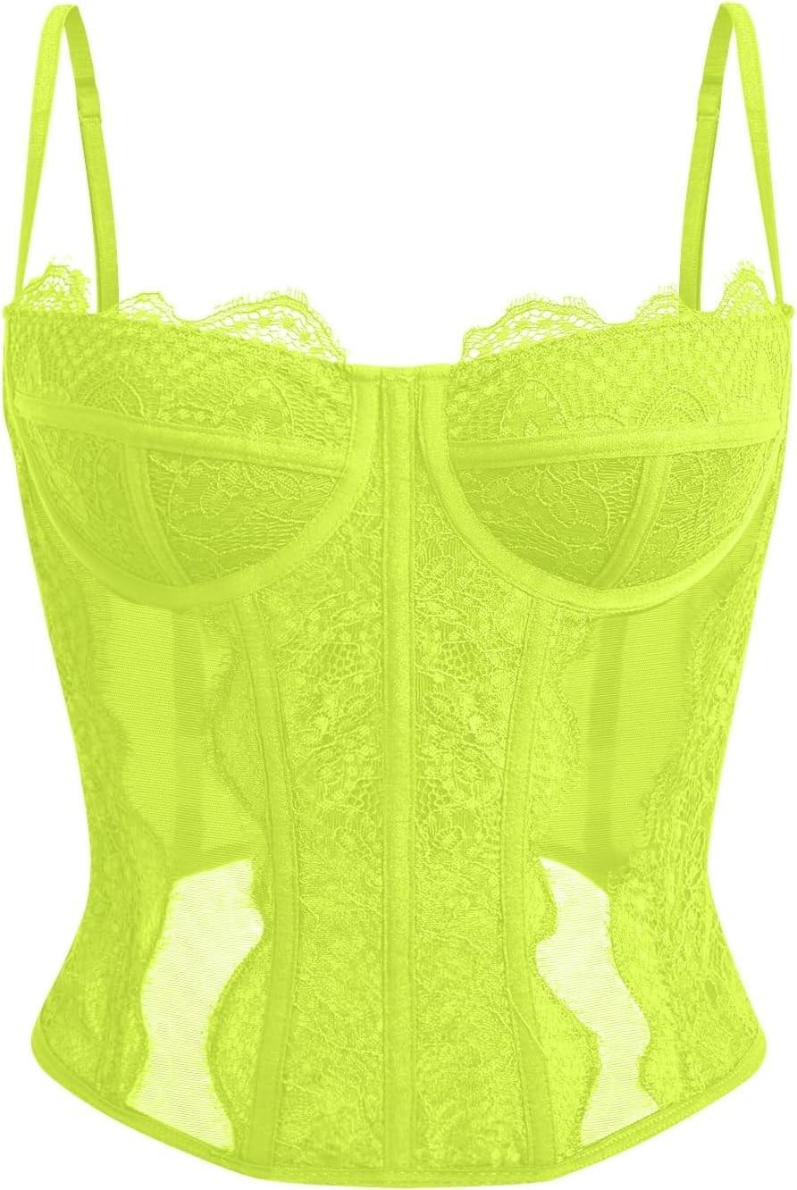 Women's lace corset top with mesh bustier crop tank design for party and casual fashion