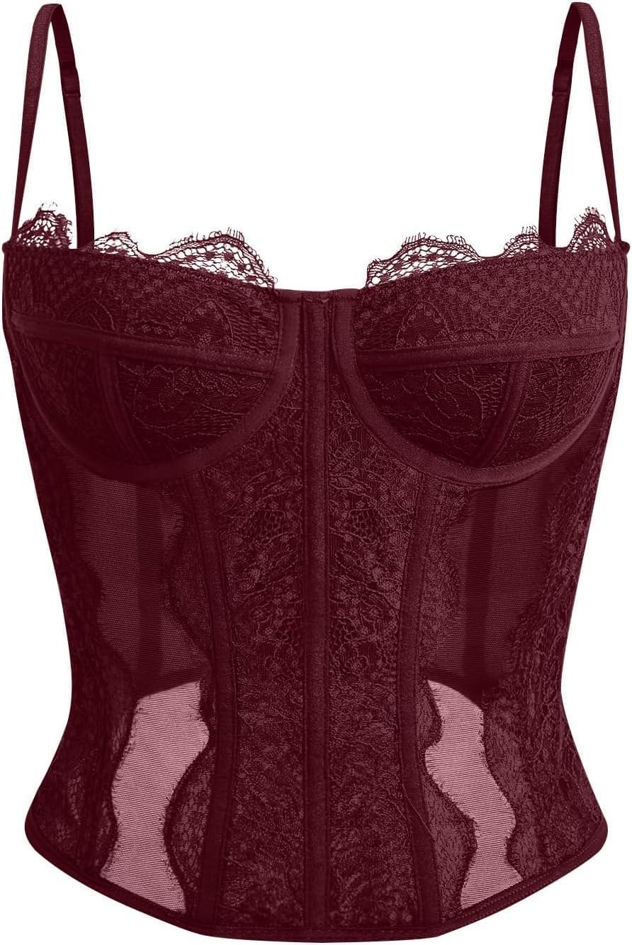 Women's lace corset top with mesh bustier crop tank design for party and casual fashion